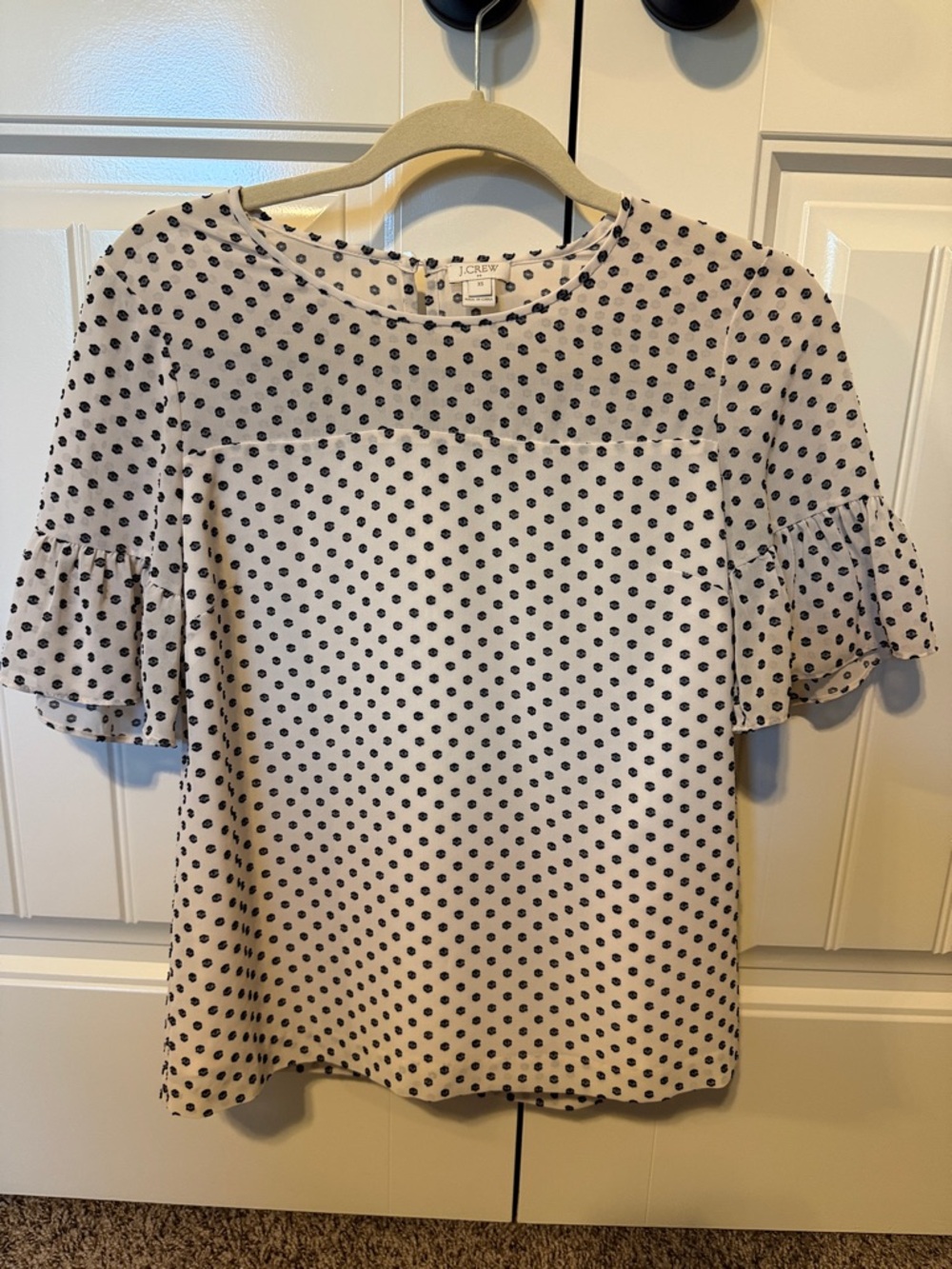 J. Crew Cream Top with Black Polka Dots and Ruffle Sleeves